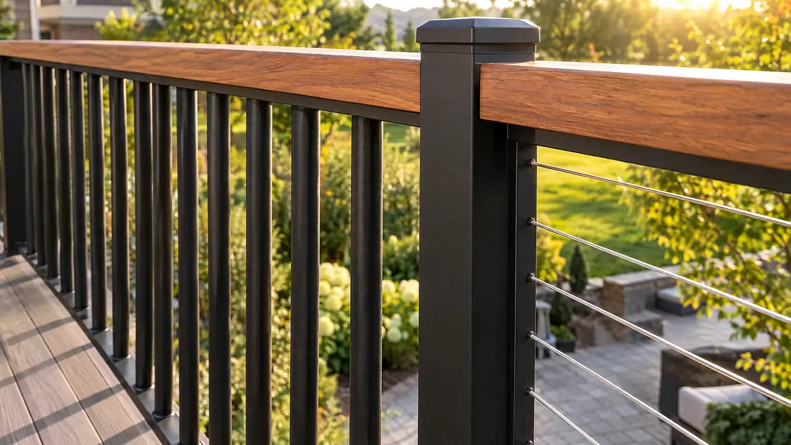 Aluminum and Cable Deck Railing | Music City Deck & Fence Close-up of a black aluminum deck railing with round balusters and a wood cap rail beside a cable railing section
