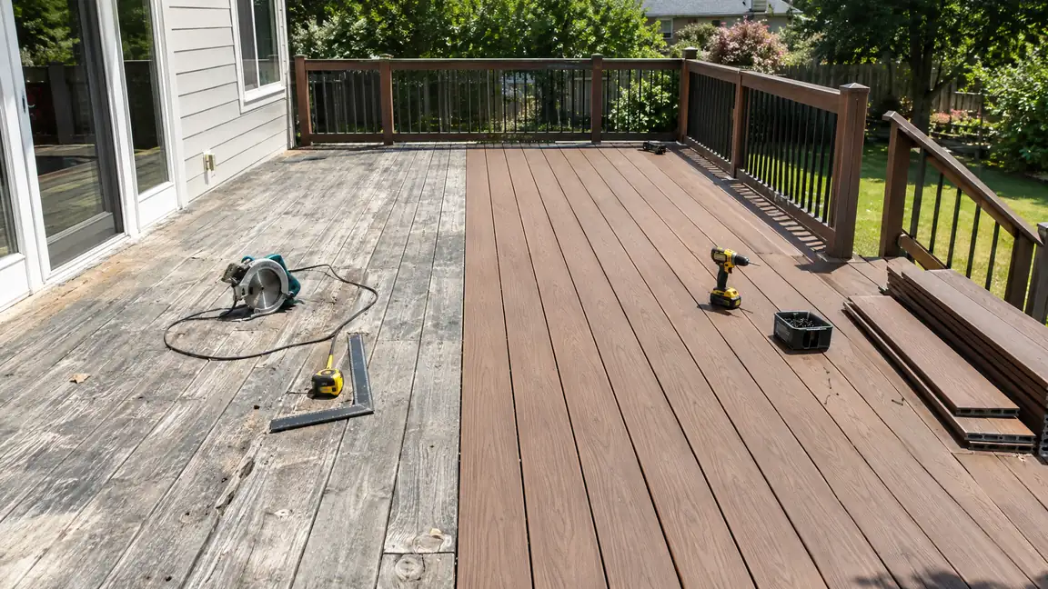 A deck with half old gray boards and half new walnut-brown composite boards being laid over the original frame