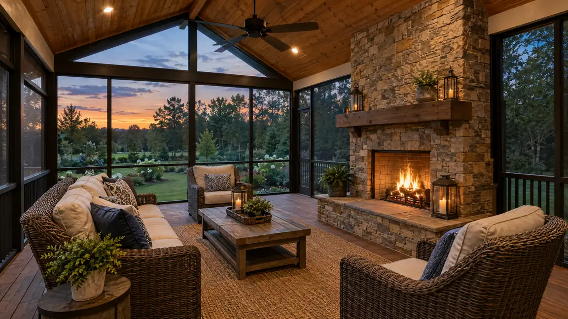 Screened Porch With Fireplace | Music City Deck & Fence A screened porch with a gable roof, a wood plank ceiling with a fan, wicker furniture and a stone fireplace overlooking the yard