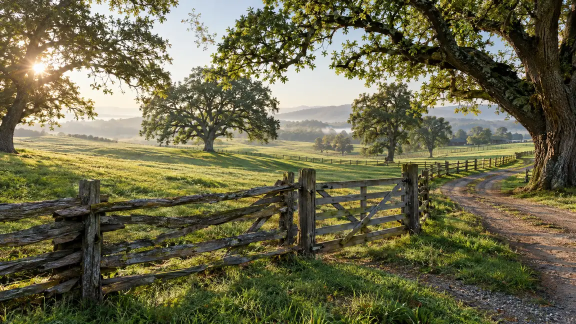 A split-rail fence crosses rolling green pasture with a wooden farm gate, a dirt road and old oak trees