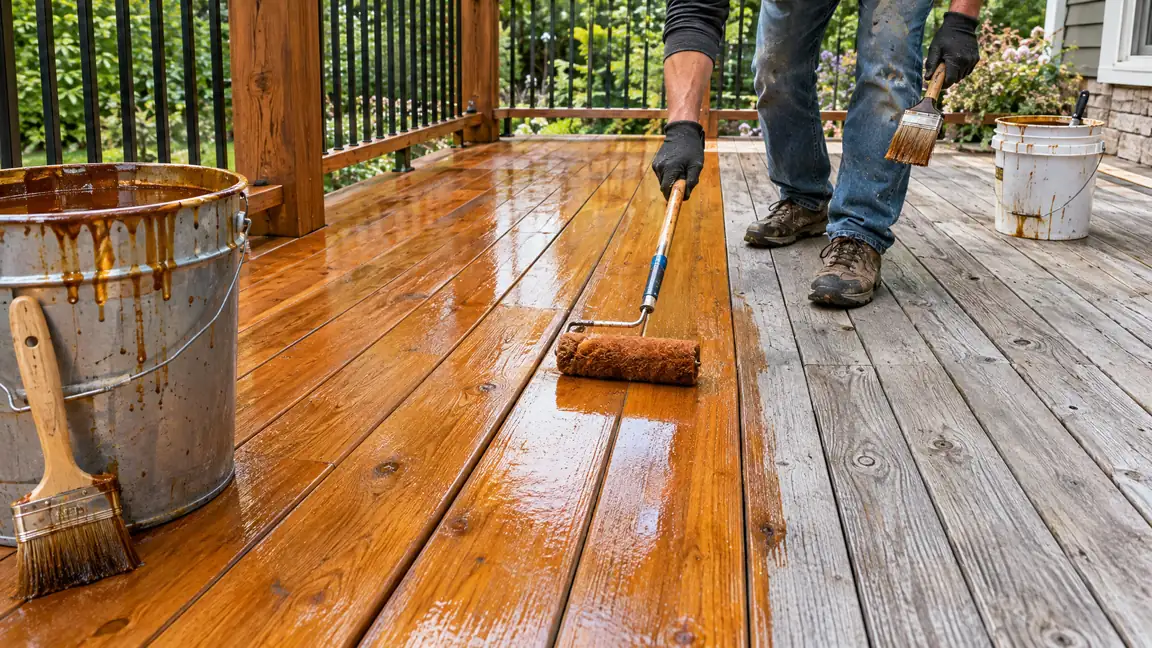 A worker applies honey-colored stain to a wood deck, half freshly stained and glossy and half still weathered gray