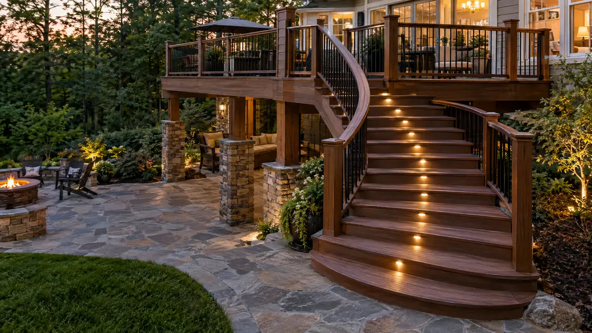 Custom Deck Staircase With Lights | Music City Deck & Fence A wide custom wooden deck staircase with a landing, black balusters and LED step lights curves down to a stone patio
