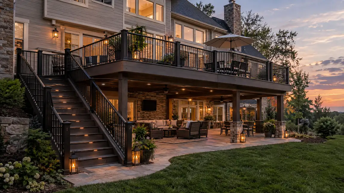A two-story deck with an upper deck off the main floor, a covered lower patio, a connecting staircase and lanterns