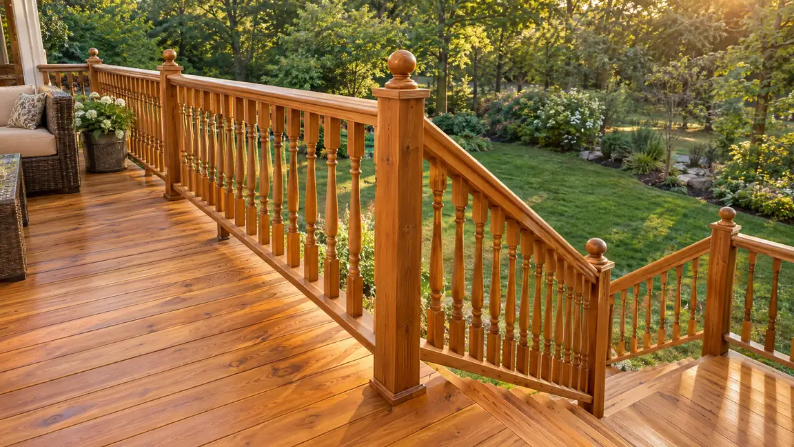 A stained cedar deck in warm honey tones with a wood railing, turned balusters and a staircase to the lawn