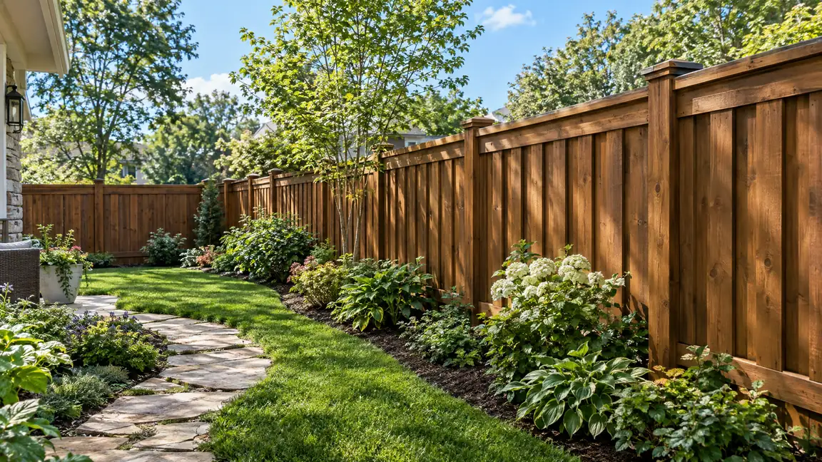 Stained Shadowbox Wood Fence | Music City Deck & Fence A stained shadowbox wood fence with a cap and trim around a landscaped yard with a stone path